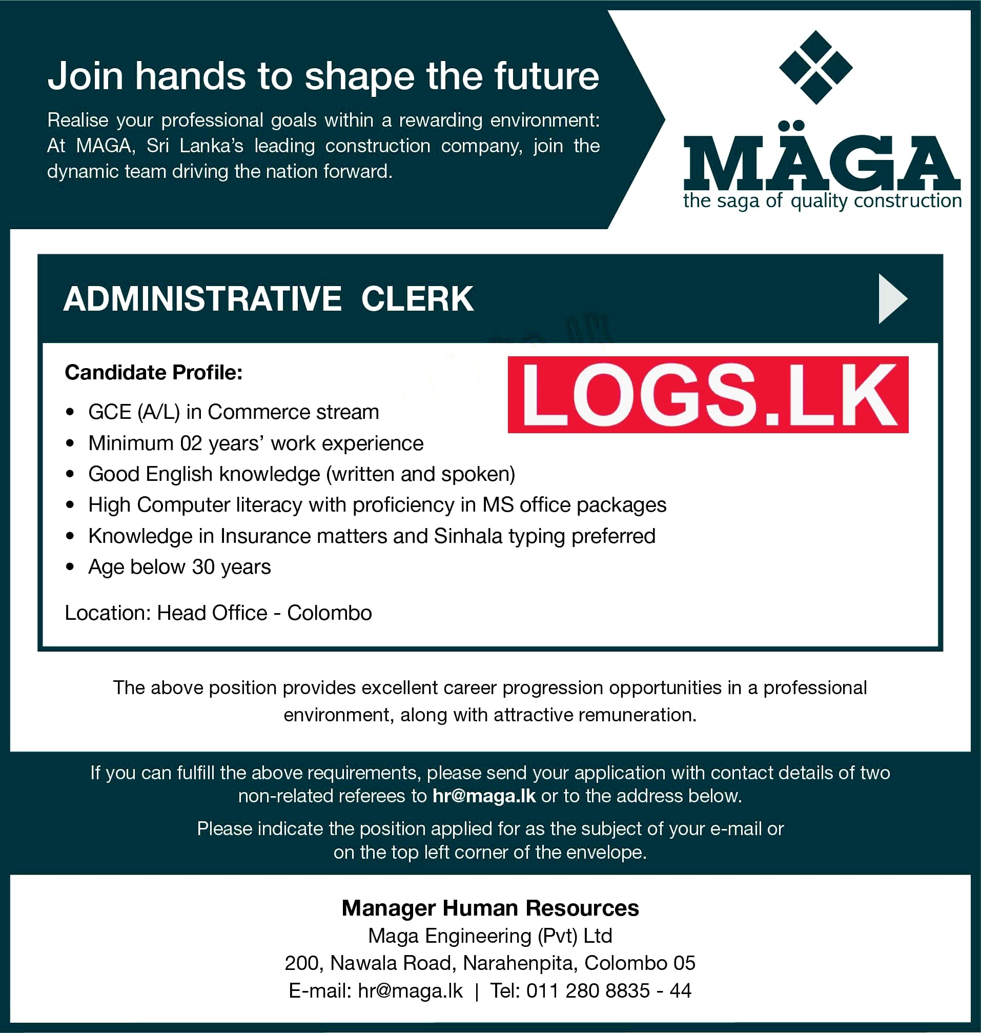 Administrative Clerk Job Vacancy In Maga Engineering Pvt Ltd   Administrative Clerk Job Vacancy In Maga Engineering (Pvt) Ltd 